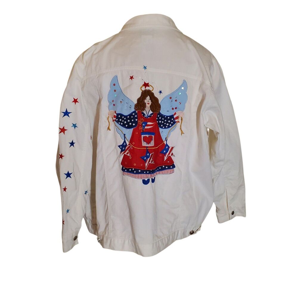 Embroidered Denim Jacket Embellished Beaded USA Angel Graphic Jacket Sz 2X